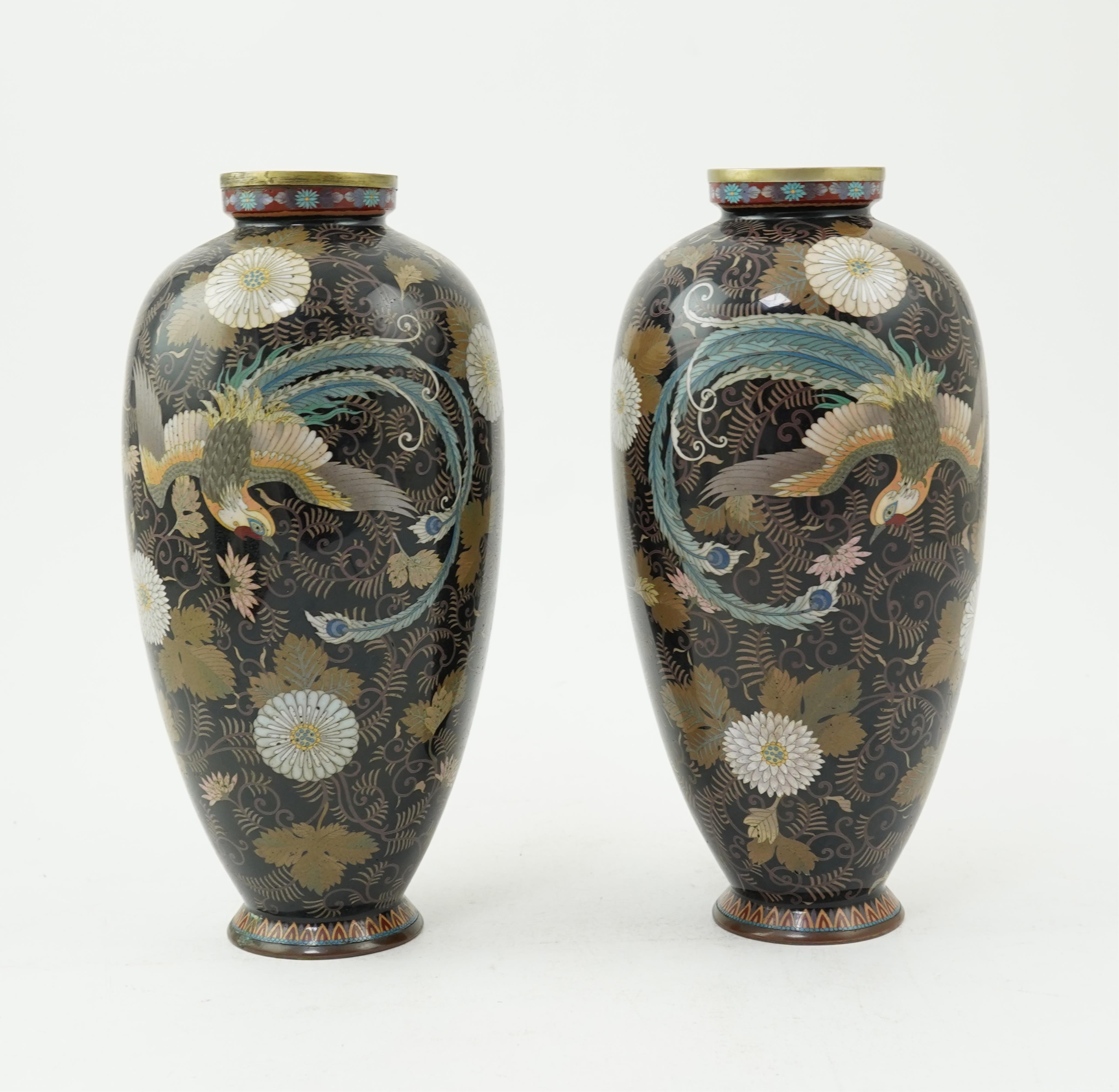 A pair of Japanese cloisonné enamel ‘phoenix’ vases, by Gonda Hirosuke I, Meiji period